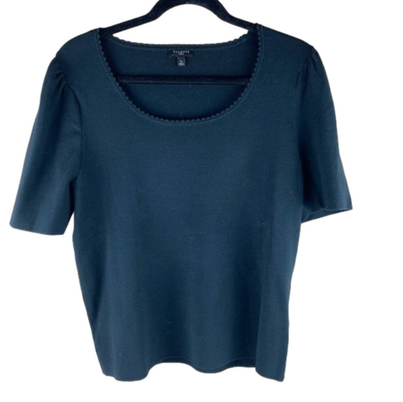 Talbots  Petite Black Short Sleeve Knit Top Scalloped Neck size Large Petite - Picture 1 of 9